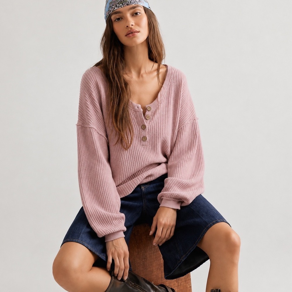 Free People Beach Henley Hailie Sweater Womens Size M Pink Waffle Knit Cotton